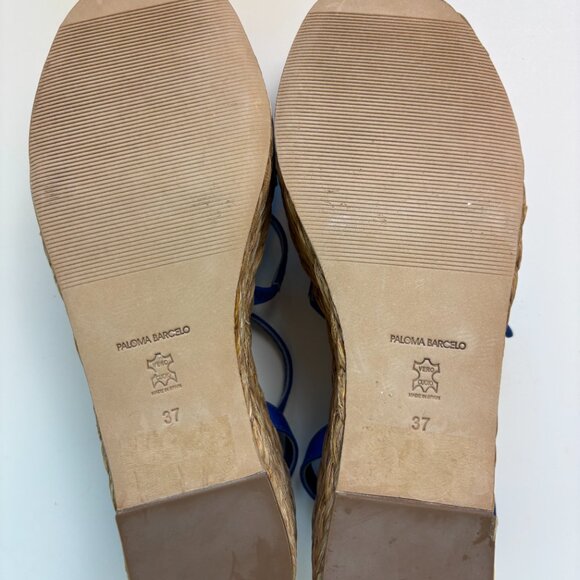 Paloma Barcelo Spain Platform Sandals 37 Blue Satin Raffia Wedge Lace Up - Picture 4 of 5